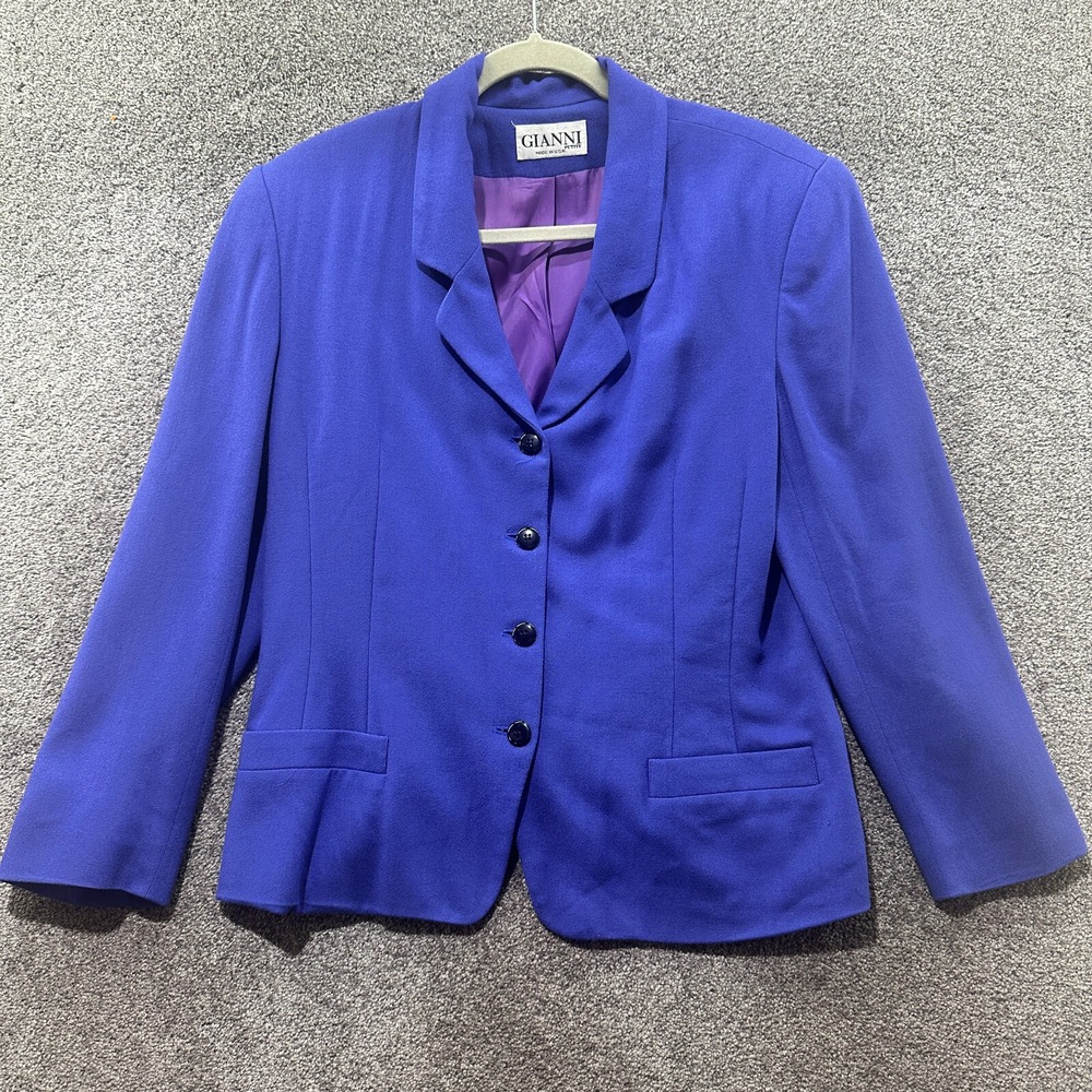 VTG Gianni Blazer Jacket Womens‎ 12P Blue 4 Button Notch Lapel 100% Wool Career